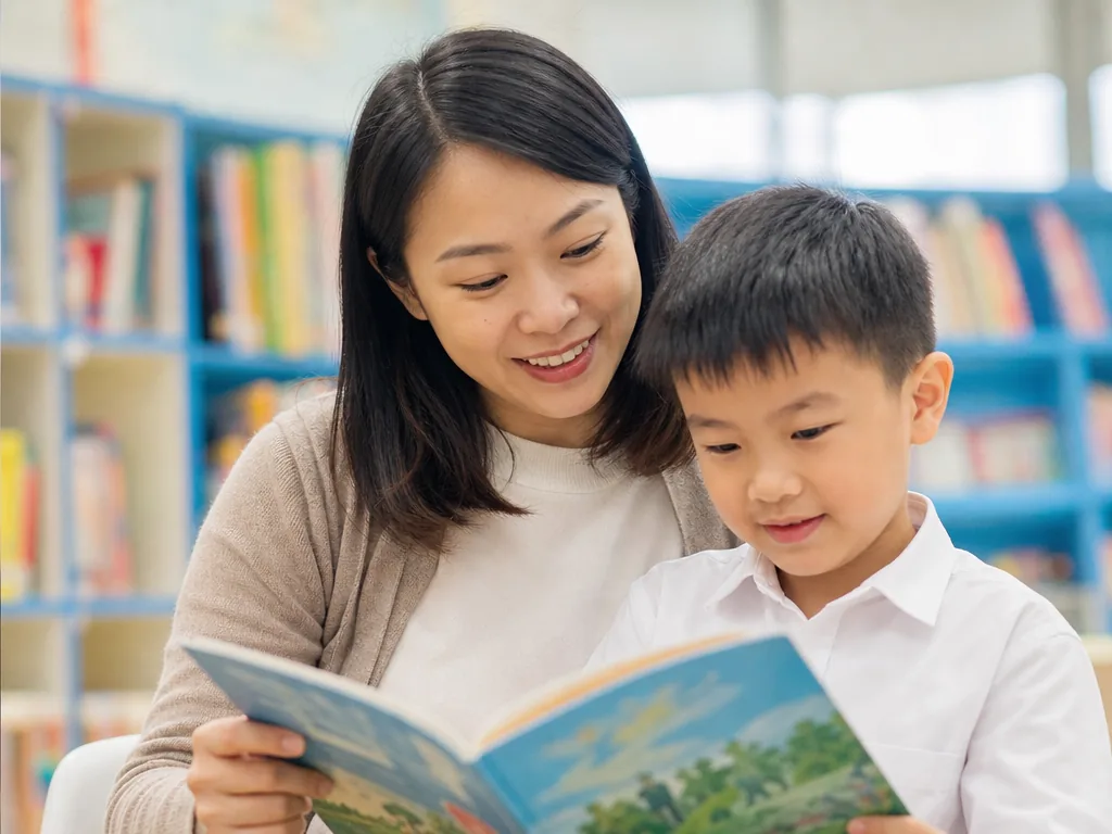 老師與孩子一起閱讀創作故事