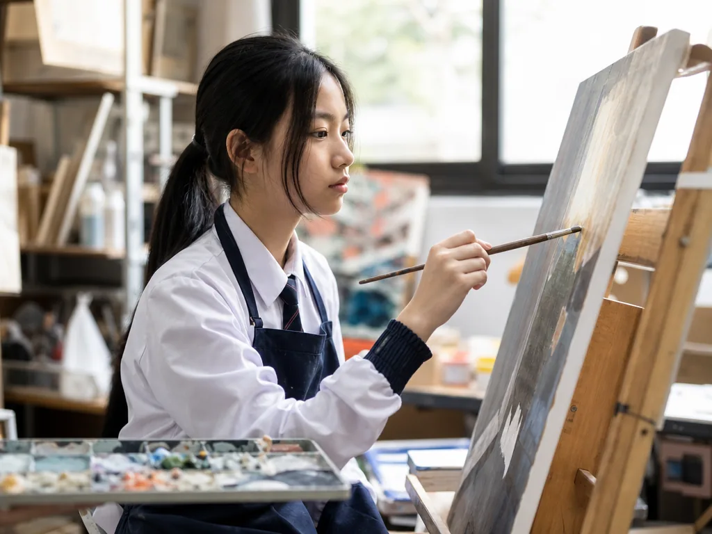 DSE Visual Arts: Complete Course Guide 5 DSE Visual Arts student painting in a studio