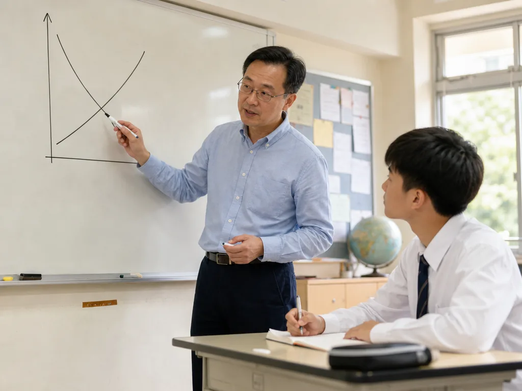 DSE經濟科課程範圍全攻略|必修+選修課題、考試形式與2028新安排 6 經濟科老師在課室白板前向學生講解供求曲線圖