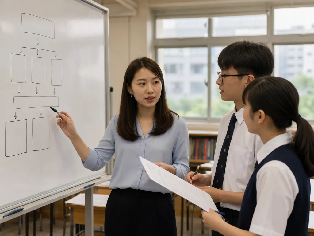 DSE英語科課程範圍:卷二寫作與卷三綜合能力的組織訓練 DSE英語科課程範圍:老師與學生在白板前整理英文寫作大綱