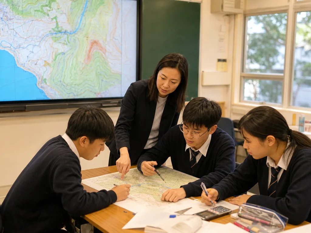 香港地理導師與中學生在課室以地形圖及數據分析地理議題