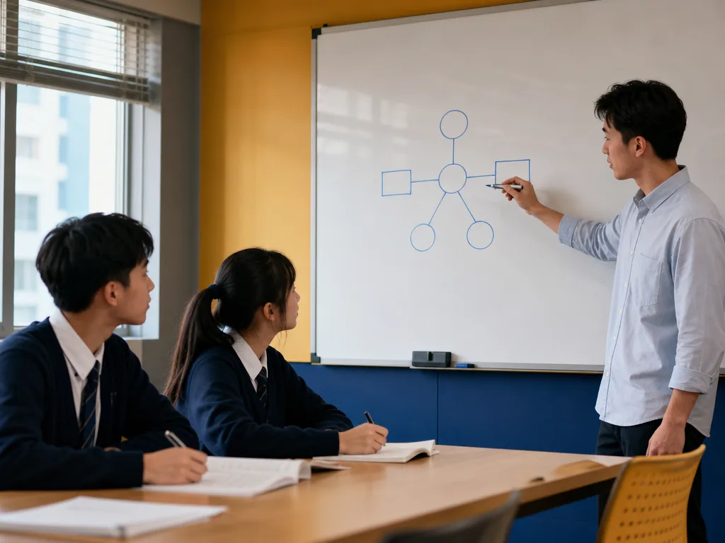 DSE資訊及通訊科技科課程範圍全攻略|五大必修單元、選修三選二與兩卷結構 DSE資訊及通訊科技科課程範圍:香港老師在白板以網絡圖講解互聯網與系統概念