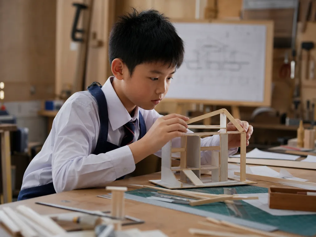 小学生在工房制作模型