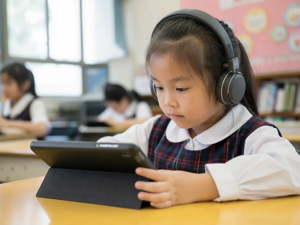 小学生戴耳机做英文聆听