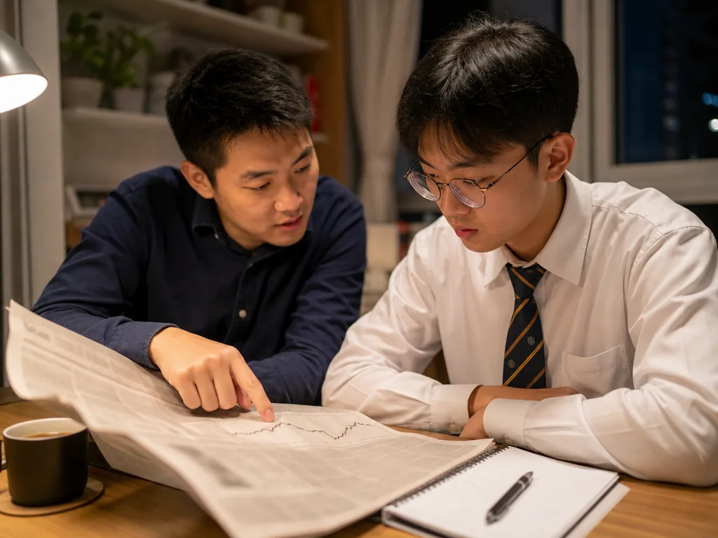 IB Economics Syllabus (HL & SL) – Complete Guide 6 Tutor pointing at a line chart in a financial newspaper with an IB Economics student