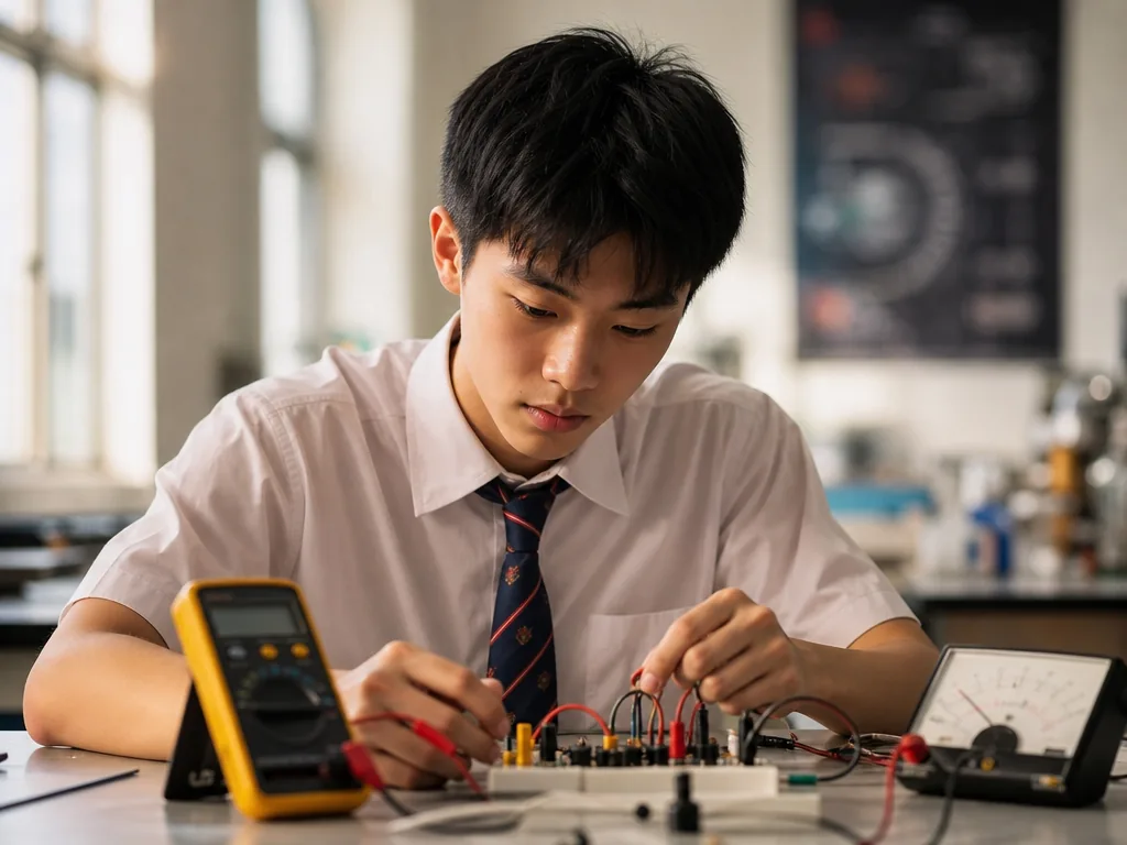 IB Physics student setting up a circuit experiment