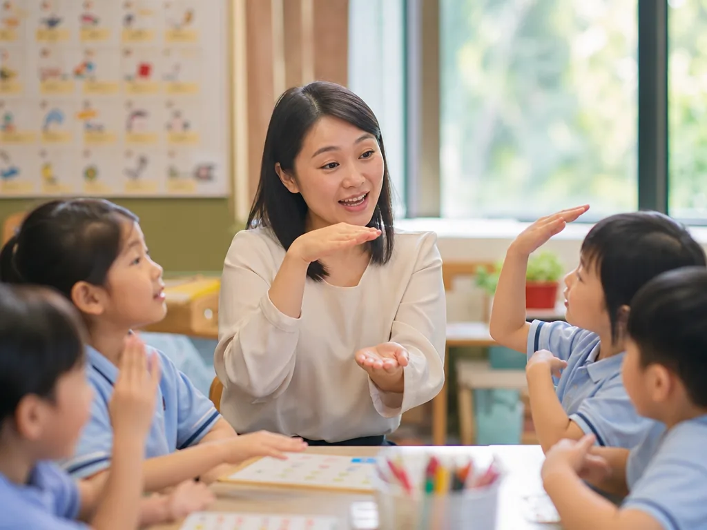老师用声调手势教学拼音