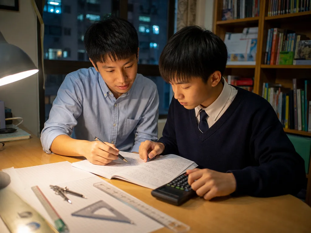中二數學範圍全攻略 6 數學導師在家中書桌旁指導中二學生完成練習