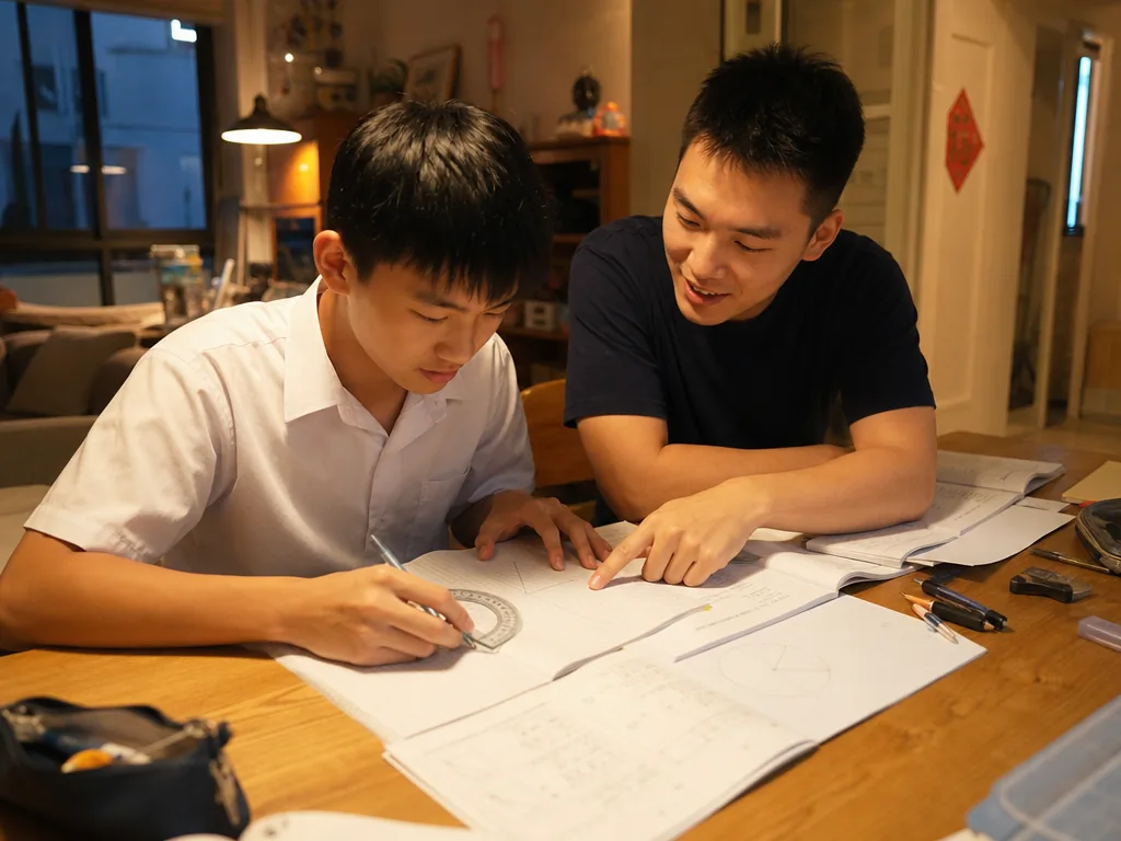 中三數學範圍全攻略 6 數學導師在家中書桌旁指導中三學生完成練習
