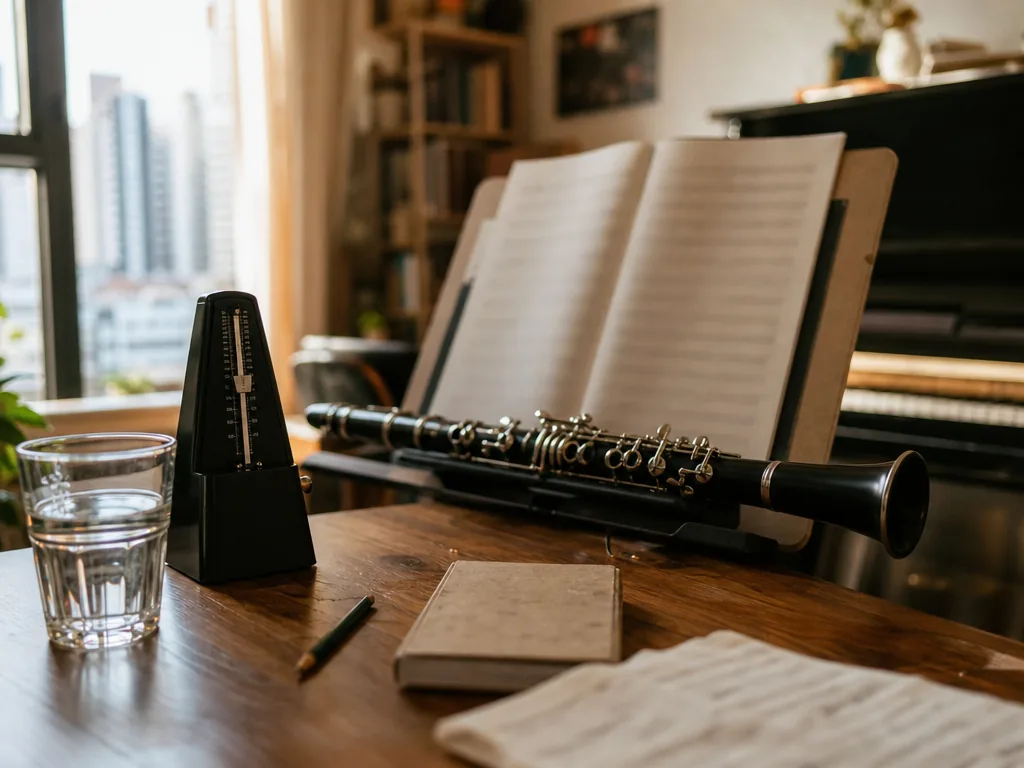 ABRSM 单簧管考级全攻略(2026 纲要)+模拟听音测验、视奏训练与 12 周备考计划 3 ABRSM 单簧管考级练习:单簧管、乐谱、节拍器与手写练习纪录放在琴房桌上