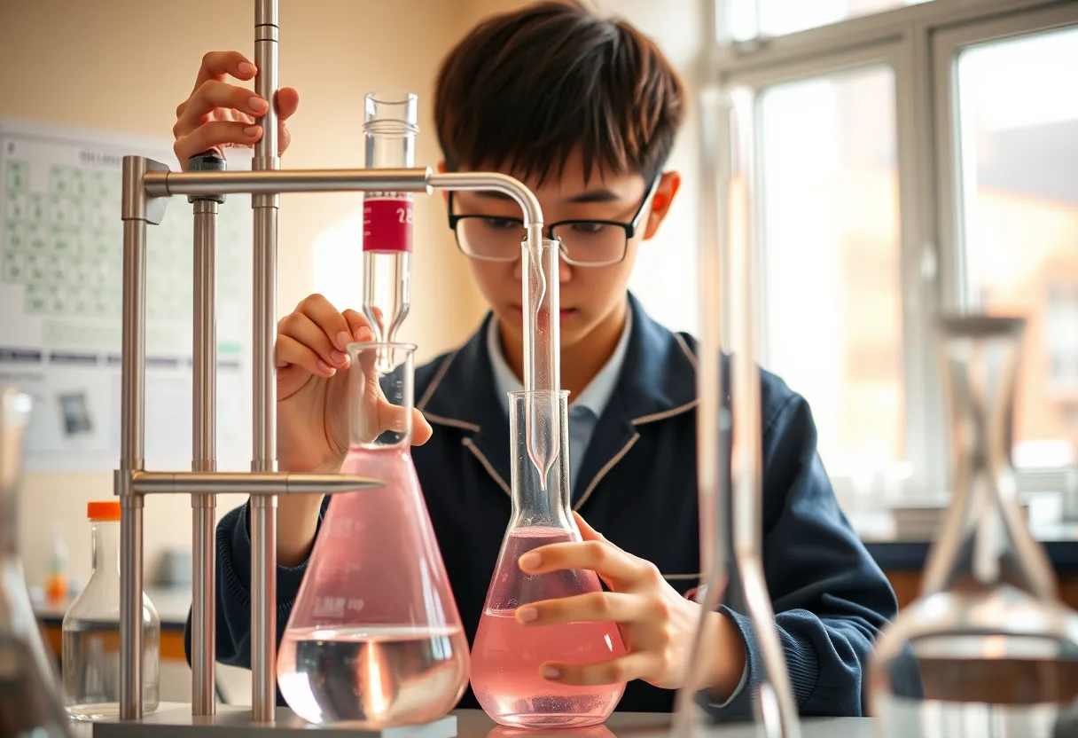 A-Level 化學 9701 操卷攻略:操卷方法、Paper 1–5 操卷次序與時間分配 3 香港預科學生在化學實驗室做滴定,手持盛有淡粉紅色溶液的錐形瓶,滴定管在上方,側有玻璃器皿