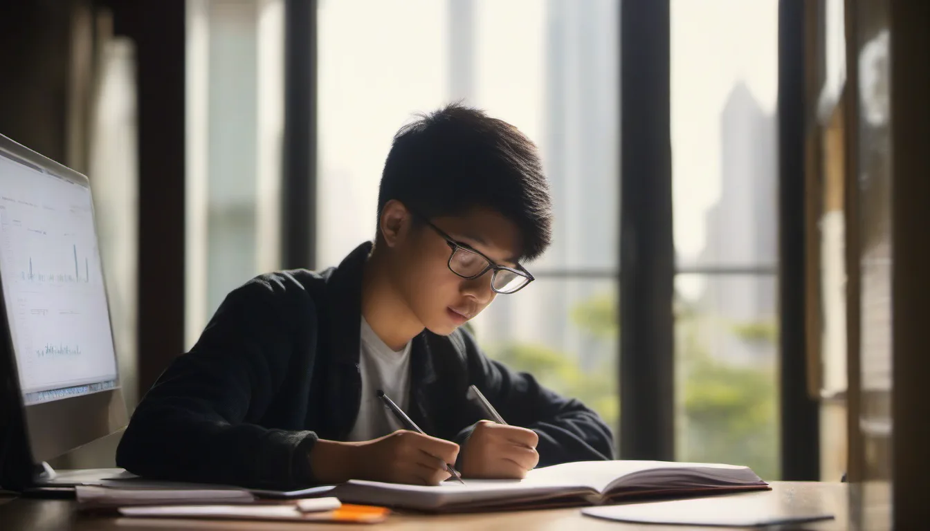 A-Level 心理學 操卷方法+歷屆試題:研究方法、統計與計劃題附答案 3 香港學生操卷 A-Level 心理學,桌上筆記本寫著實驗計劃與簡單的分數柱狀圖