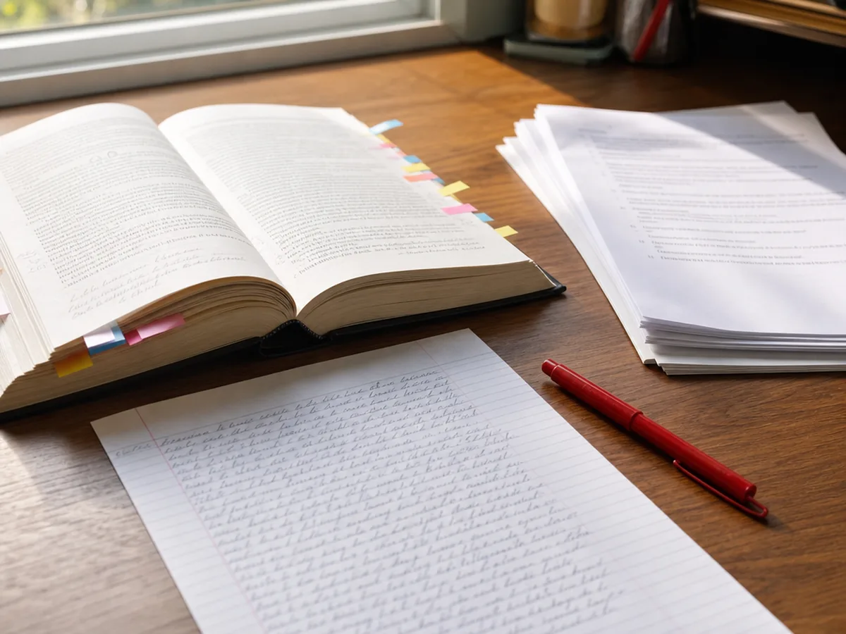 DSE 英語文學 Paper 1 模擬試題(2027 年考期)+模擬答案、評分標準及逐題解說 3 DSE 英語文學 Paper 1 模擬試題:貼滿標籤與筆記的小說、手寫論文與批改用的紅筆