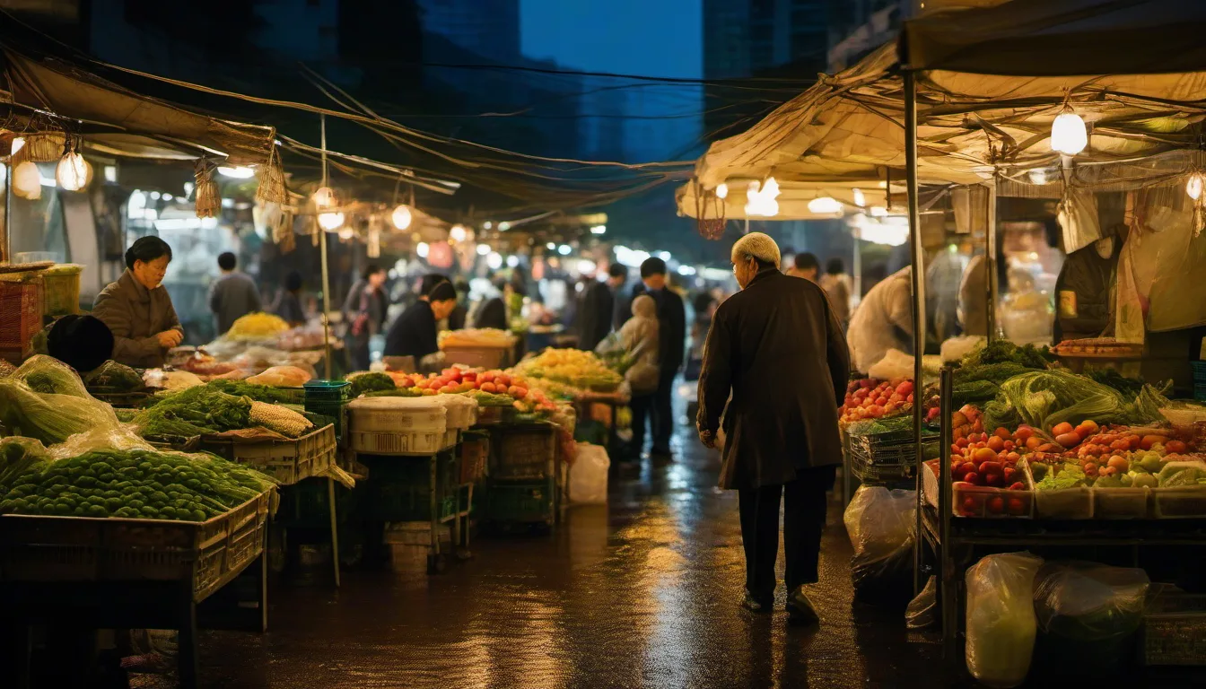 A Hong Kong street market at dusk, a stallholder arranging goods under warm string lights with shoppers on the wet pavement