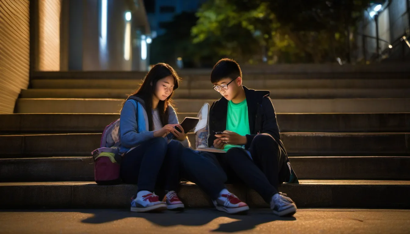 IB Digital Society Past Papers & Drilling (Paper 1): The a/b/c Structured Question with Answers 3 Two Hong Kong secondary students on outdoor steps at dusk, one reading a social feed on a phone and the other recording interview notes in a notebook