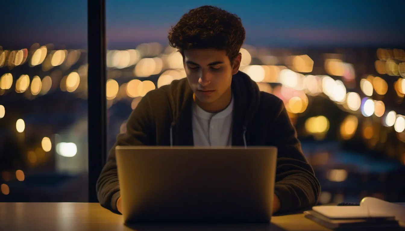 IB Philosophy Past Papers & Drilling (Paper 3, HL): Unseen Text Answers 3 IB Philosophy Paper 3 drilling: a student at a laptop by a night window thinking about philosophy and technology