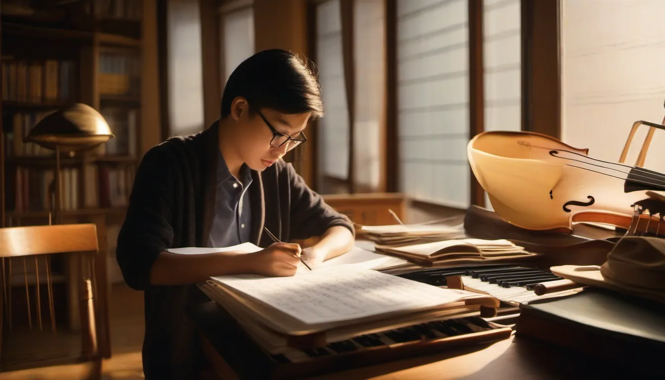 香港学生刷题 IGCSE 音乐，桌上有乐谱与乐器