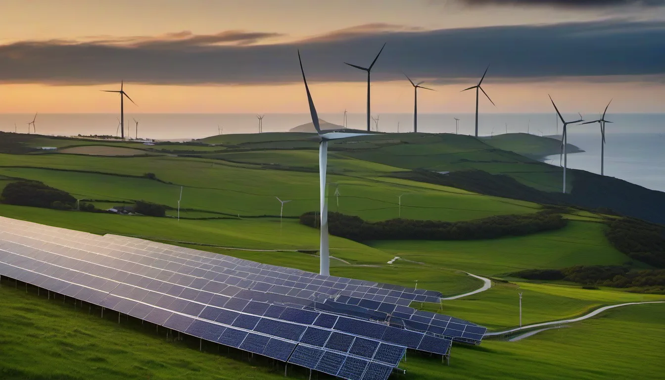 A-Level Geography Past Papers & Drilling (Paper 4): Climate and Disease Themes 3 Wind turbines and solar panels on a coastal hillside at dusk