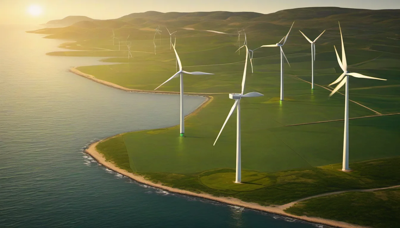 實景：太陽能板與風力發電機在綠地上，黃昏暖光