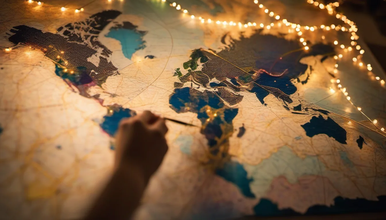 IB Global Politics Mock Paper 2026: Past-Paper Drilling Method, Paper 1, Paper 2 and Paper 3 with Answers 3 A warmly lit world map with a hand tracing a route across it, continents linked by strings of small lights