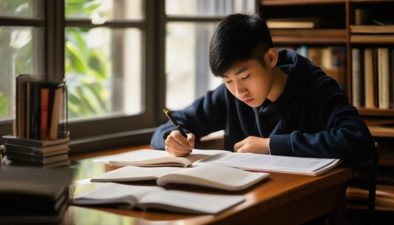 Hong Kong student drilling IGCSE First Language English with three reading texts on the desk