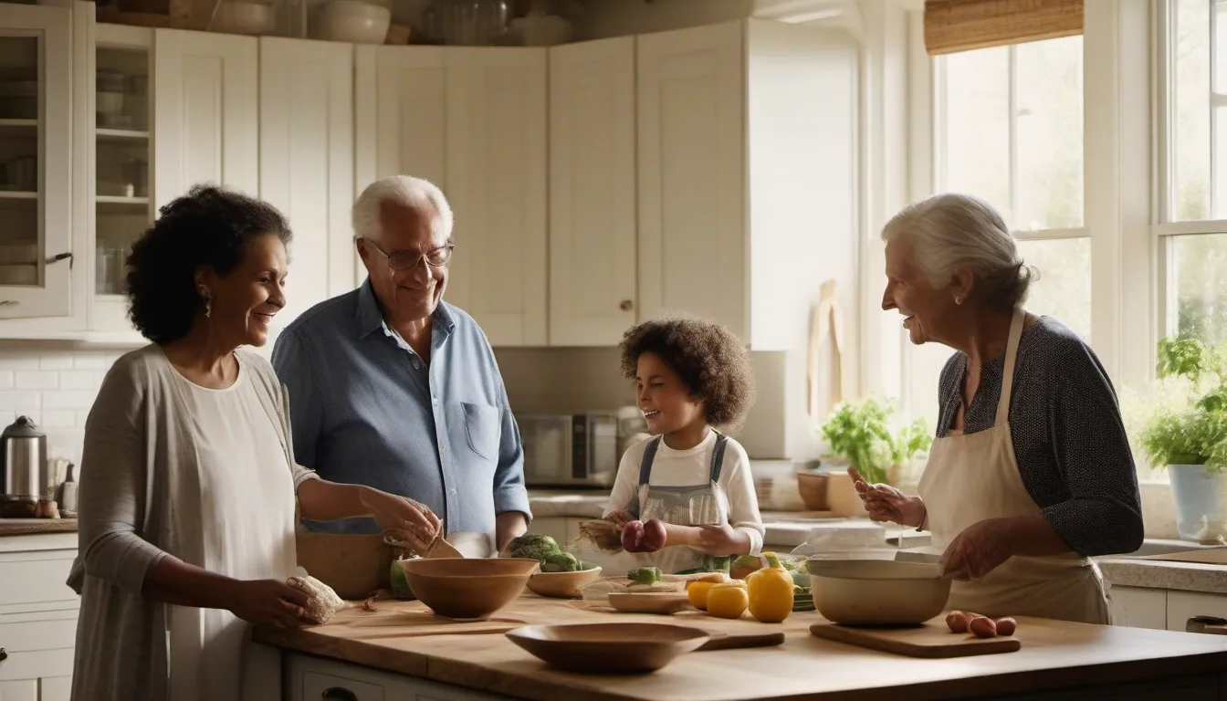 Three generations of a family cooking and talking together in a bright kitchen